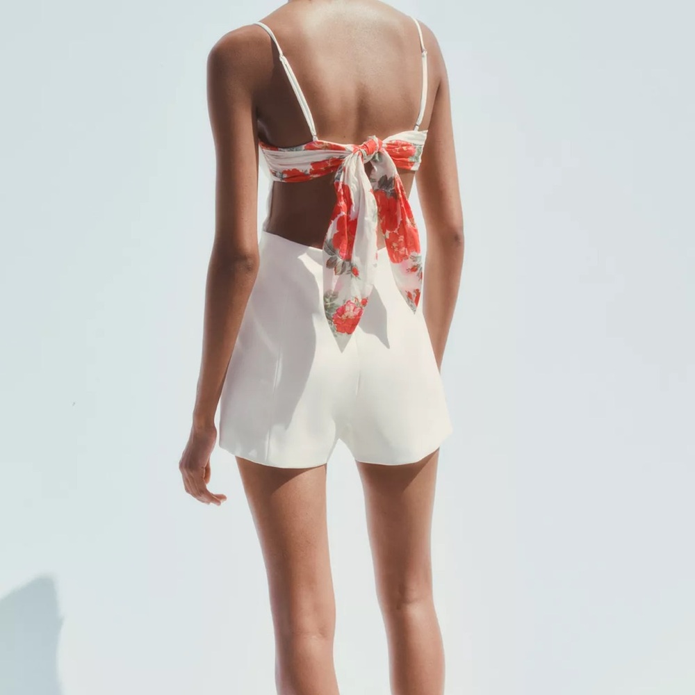 Zara White Women's shorts jumpsuit with floral tie back bow